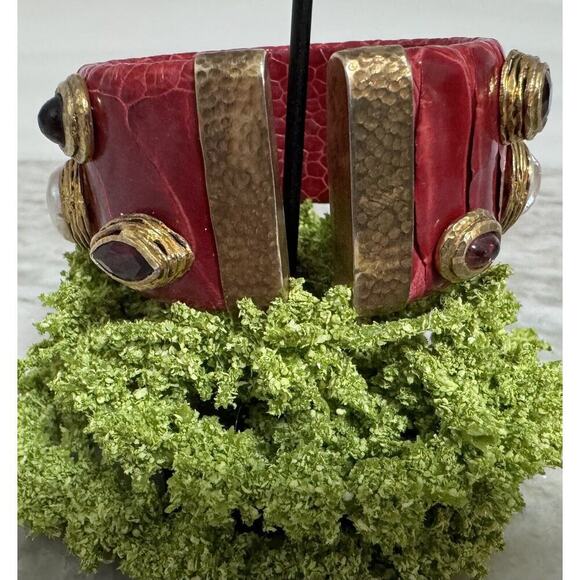 Vintage MCM Sterling Silver Snake Skin Pearl & Rhinestones Cuff Bracelet - Picture 9 of 10